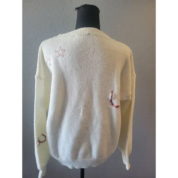 Blue B Women's Embroidered Conversation Print Sweaterwhite knit western-themed - Picture 7 of 12